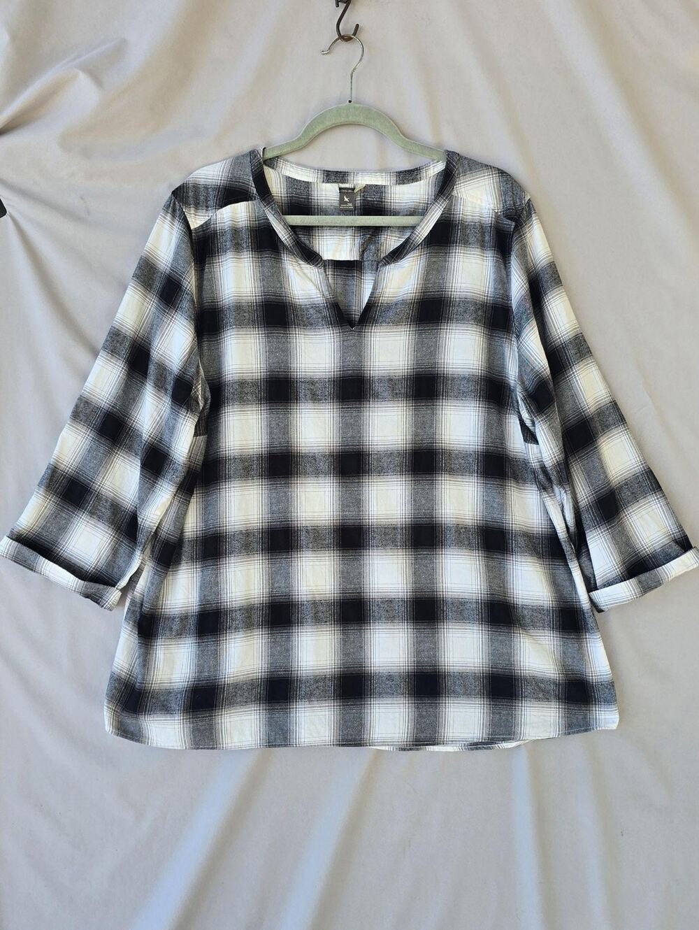 Eddie Bauer Blouse Womens 2XL Black White Plaid 3/4 Sleeve V Neck Tunic Top